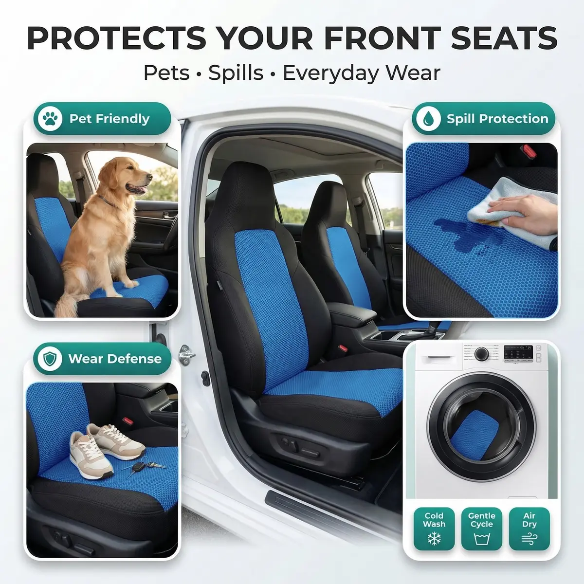 FH Group Automotive Full Car Seat Covers for SUV, Trucks, Sedan and More - Universal Fit Front High Back & Rear Solid Bench Design Interior Accessories - 3D Air Mesh Fabric Center Panel - Blue | Breathable & Washable - view 5