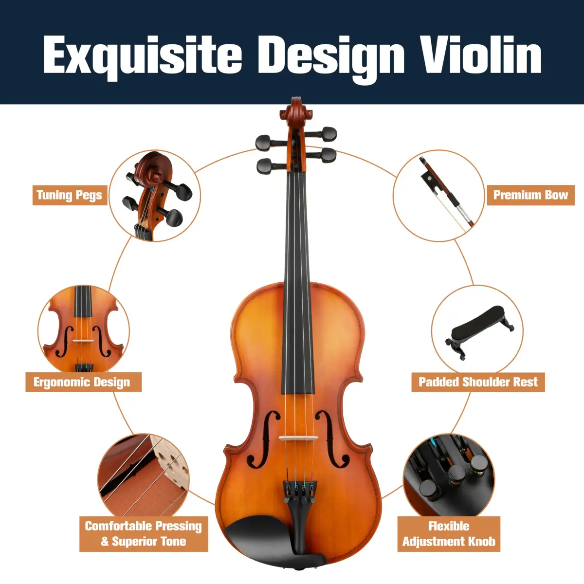 Mendini by Cecilio 1/4 Violin Set with Case, Bow, Rosin, Shoulder Rest & Extra Strings | Hand Carved Solid Wood Beginner Violin Kit - view 5