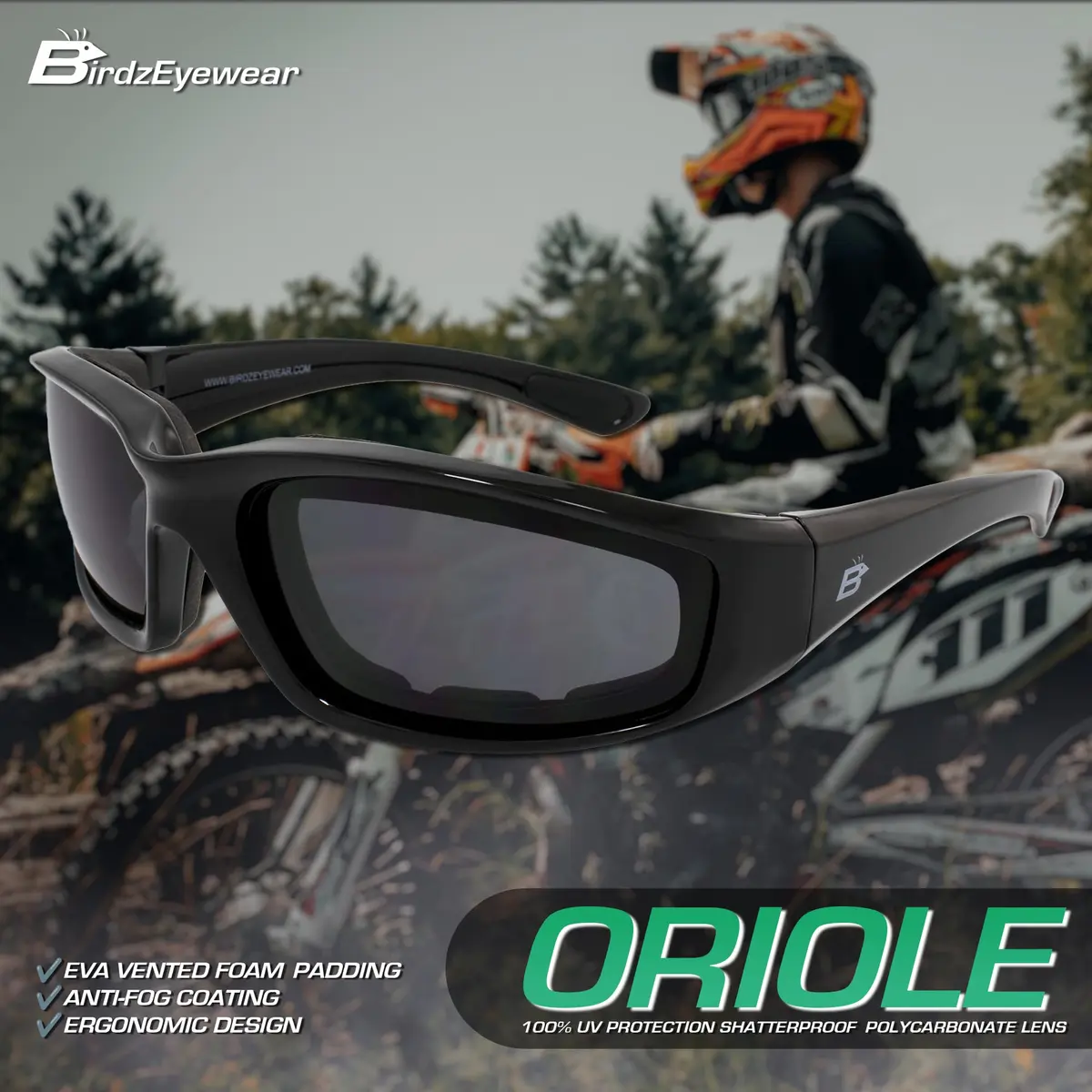 Birdz Eyewear Oriole Padded Motorcycle Glasses (Black Frame/Smoke Lens) | Shatterproof Anti-Fog Polycarbonate - view 5