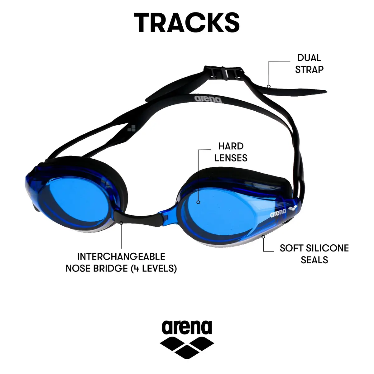 ARENA Tracks Unisex Adult Racing Swim Goggles FINA-Approved Anti-Fog Non-Mirror Lens, Black/Blue/Black | Competitive Swimming Gear - view 2