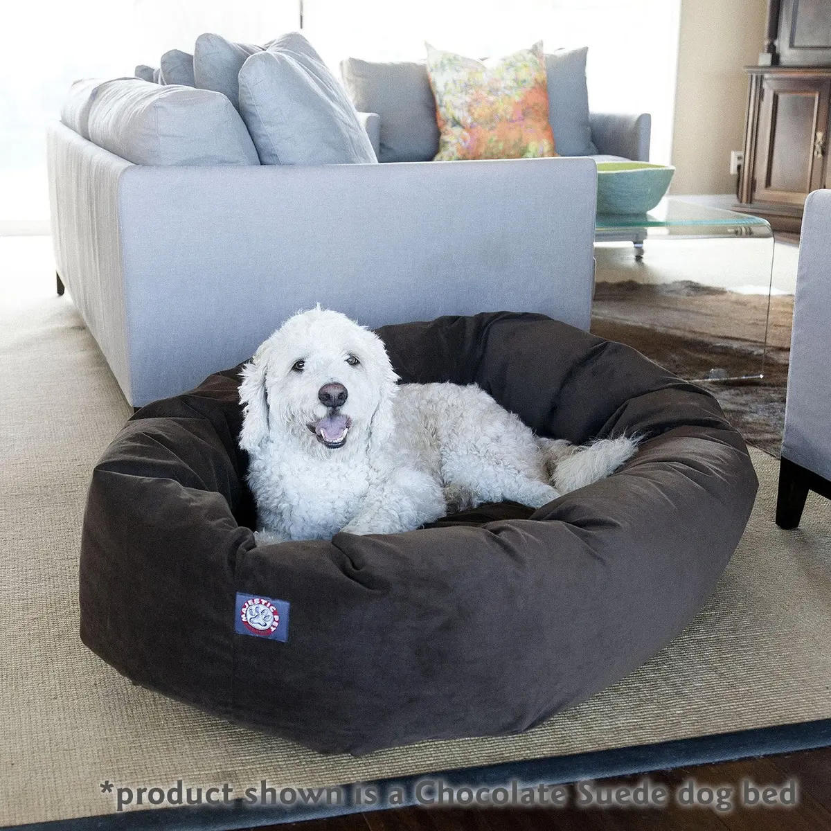 Majestic Pet Suede Calming Dog Bed, 32 Inch Medium, Round, Washable, Sage | Supportive Bolster & Elegant Design - view 6