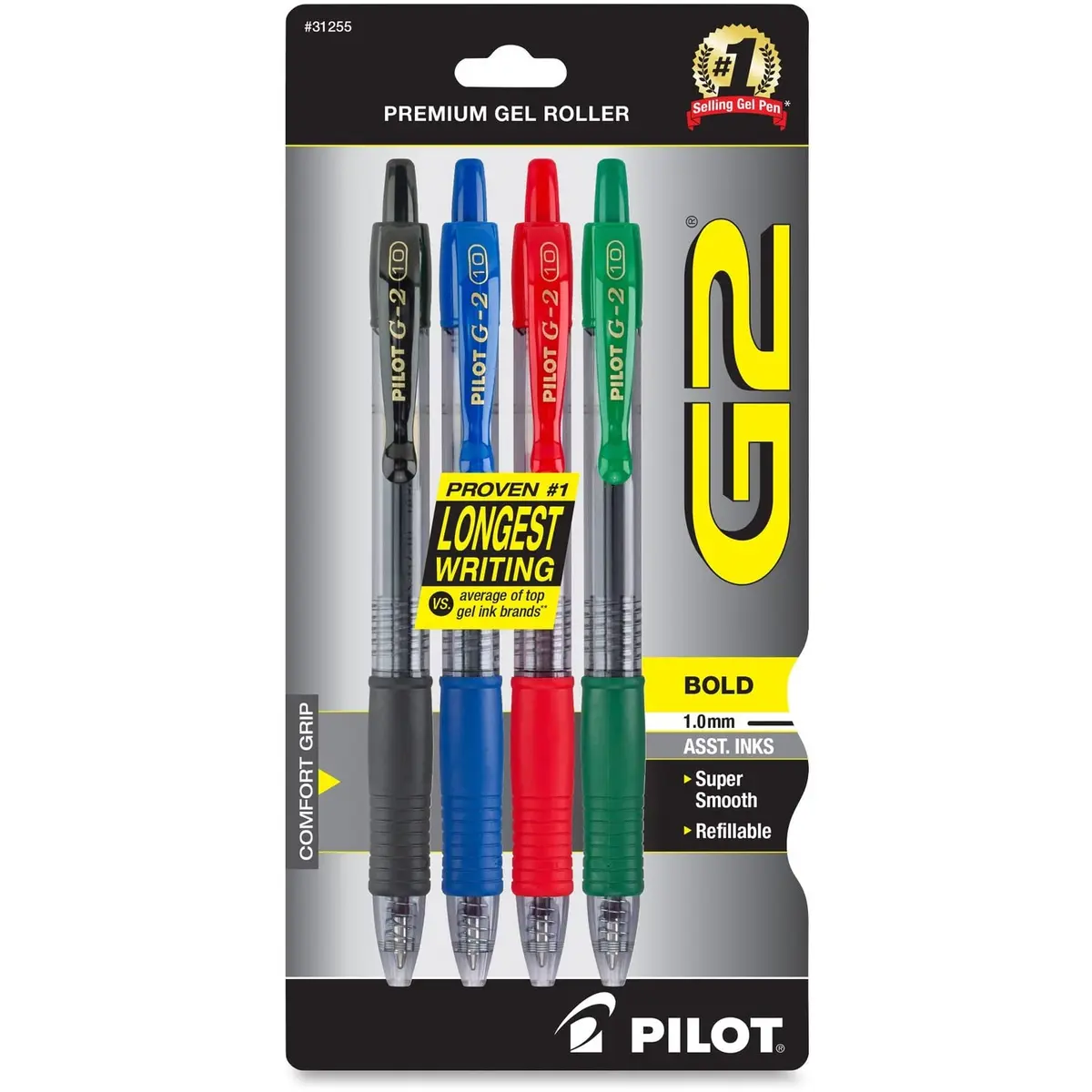 Pilot G2 Premium Gel Pens 4 Pack | Bold 1.0mm Assorted Inks, Refillable, Long-Lasting - main product image