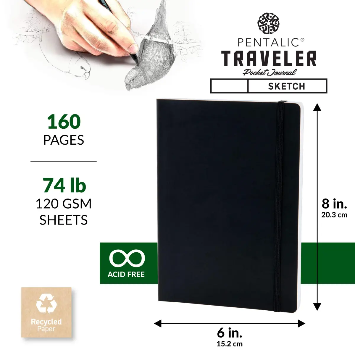 Pentalic 6" x 8" Pocket Sketchbook Traveler Journal, 160 Pages, Black | Acid-Free Recycled Paper - view 3