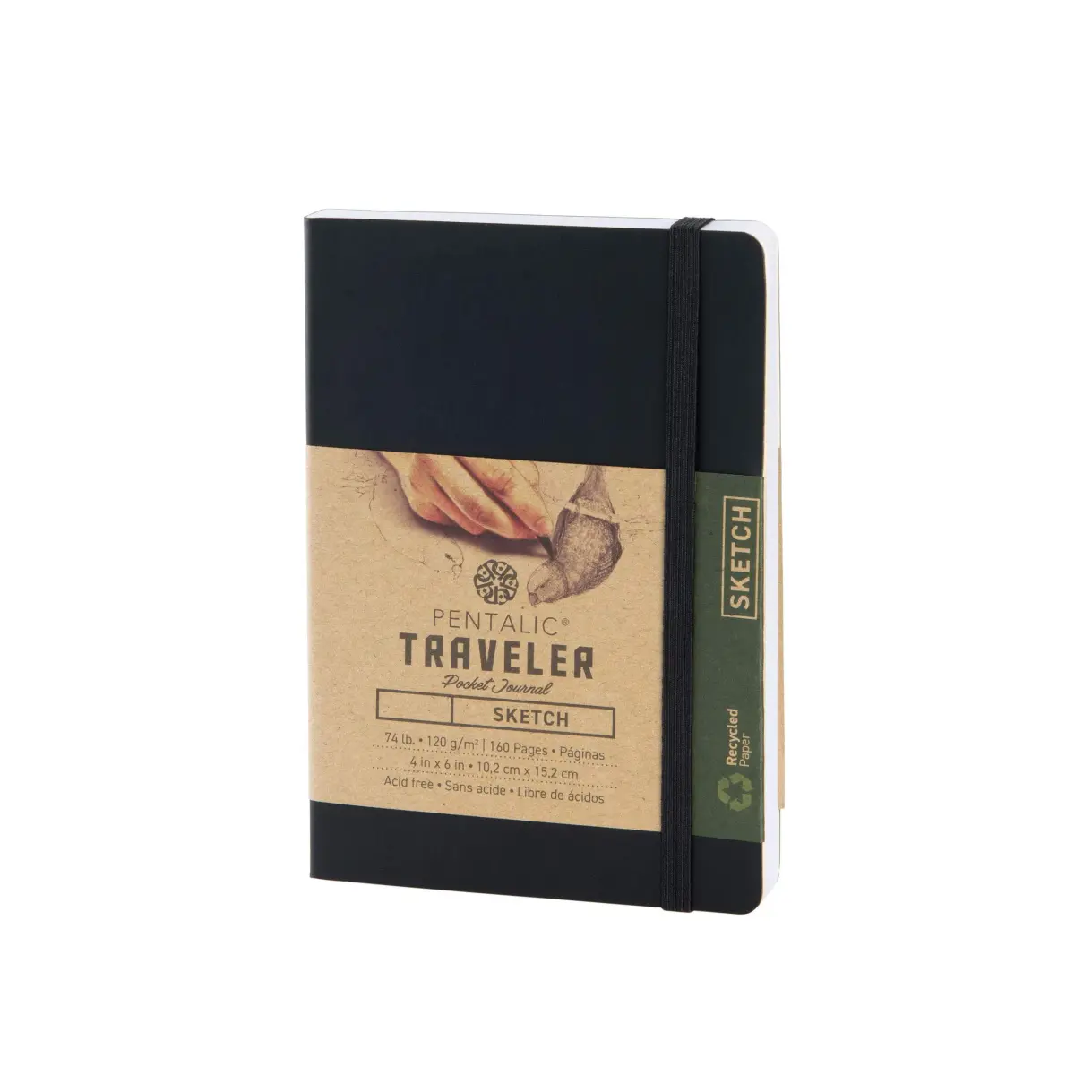 Pentalic 4" x 6" Pocket Sketchbook Traveler Journal, 160 Pages, Black | Acid-Free Paper for Artists & Students - main product image