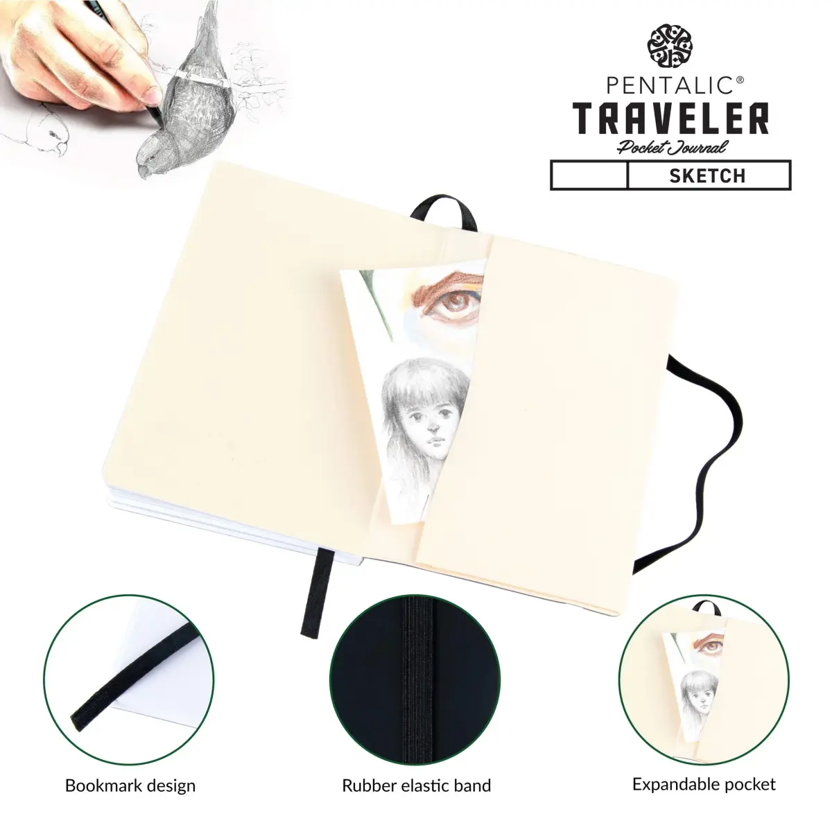 Pentalic 4" x 6" Pocket Sketchbook Traveler Journal, 160 Pages, Black | Acid-Free Paper for Artists & Students - view 5