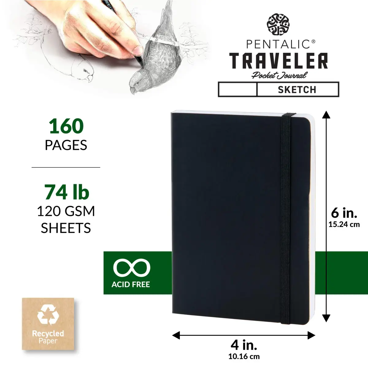 Pentalic 4" x 6" Pocket Sketchbook Traveler Journal, 160 Pages, Black | Acid-Free Paper for Artists & Students - view 3