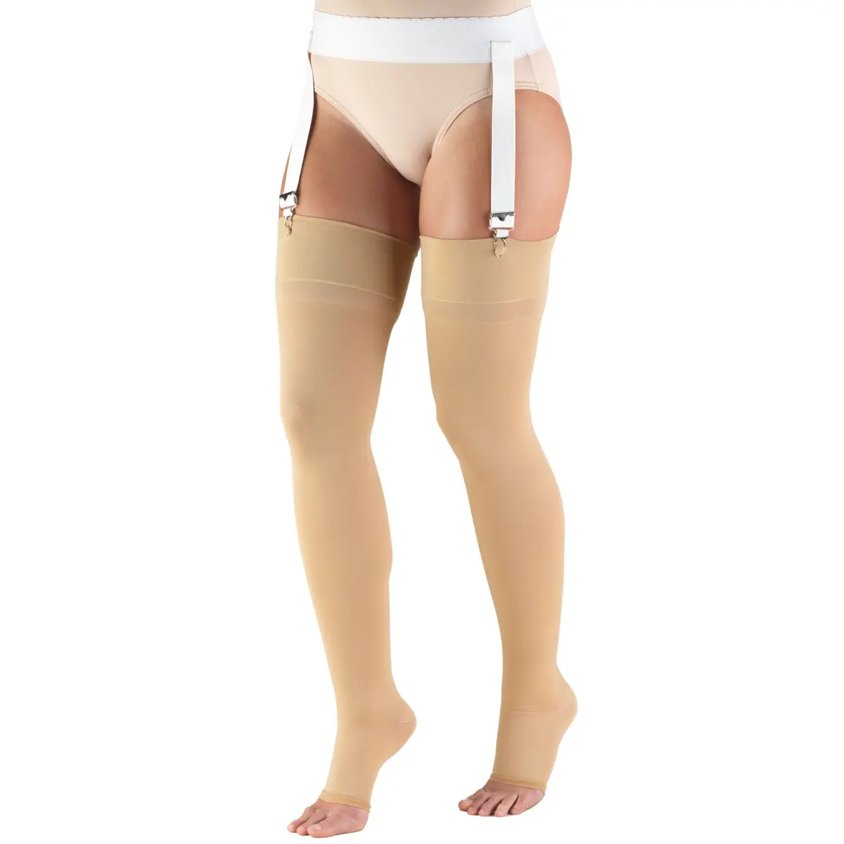 Truform 30-40 mmHg Compression Stockings for Men and Women, Thigh High, Open Toe, Beige, Medium - main product image