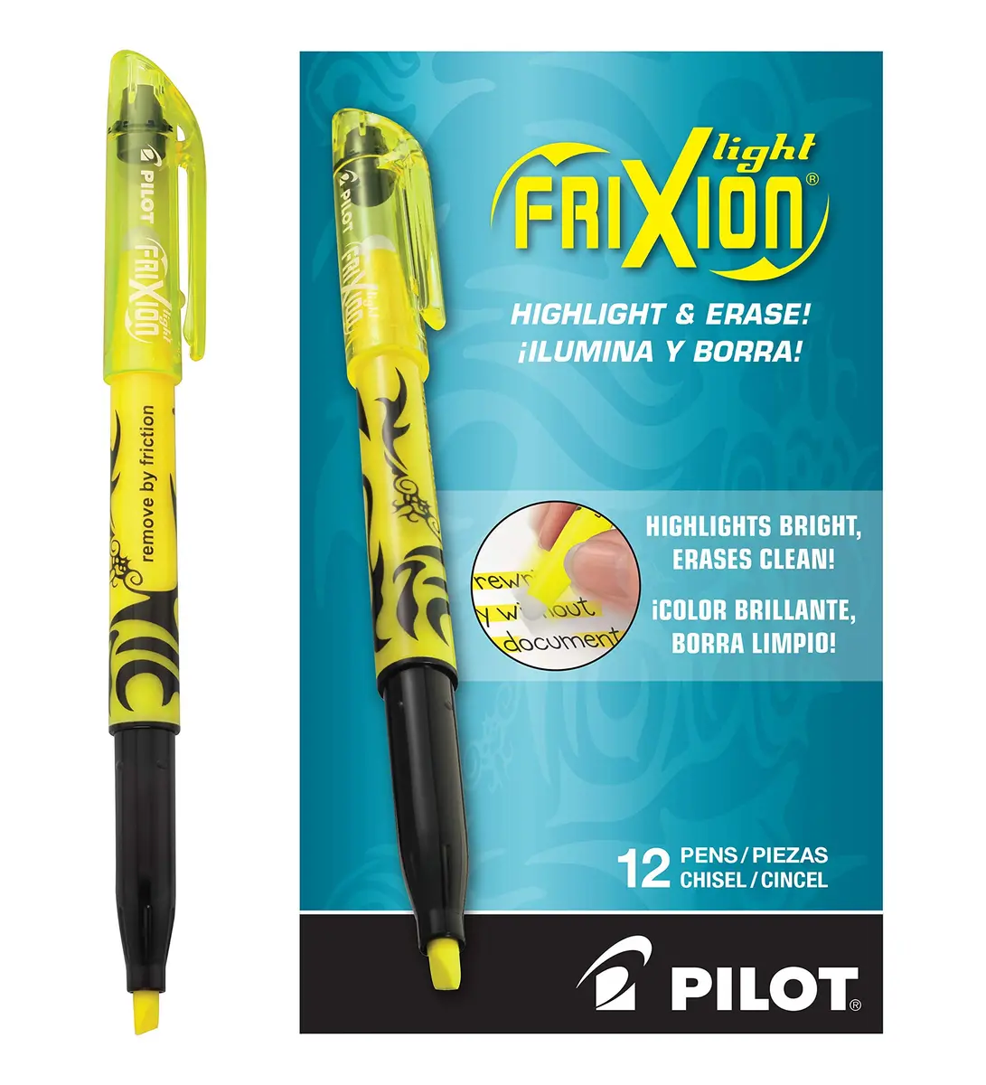 PILOT FriXion Light Erasable Highlighters, Chisel Tip, Yellow, 12-Pack | Erasable, No Bleed, Fast Drying - main product image