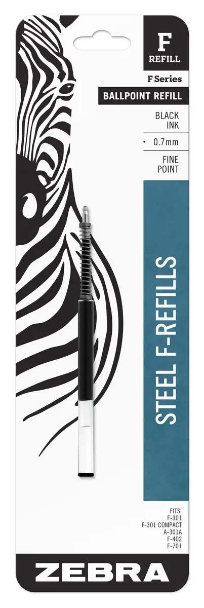 Zebra Pen F-Series Stainless Steel Ballpoint Pen Refill, Fine Point, 0.7mm, Black Ink | Compatible with Zebra F-301 & F-401 - main product image