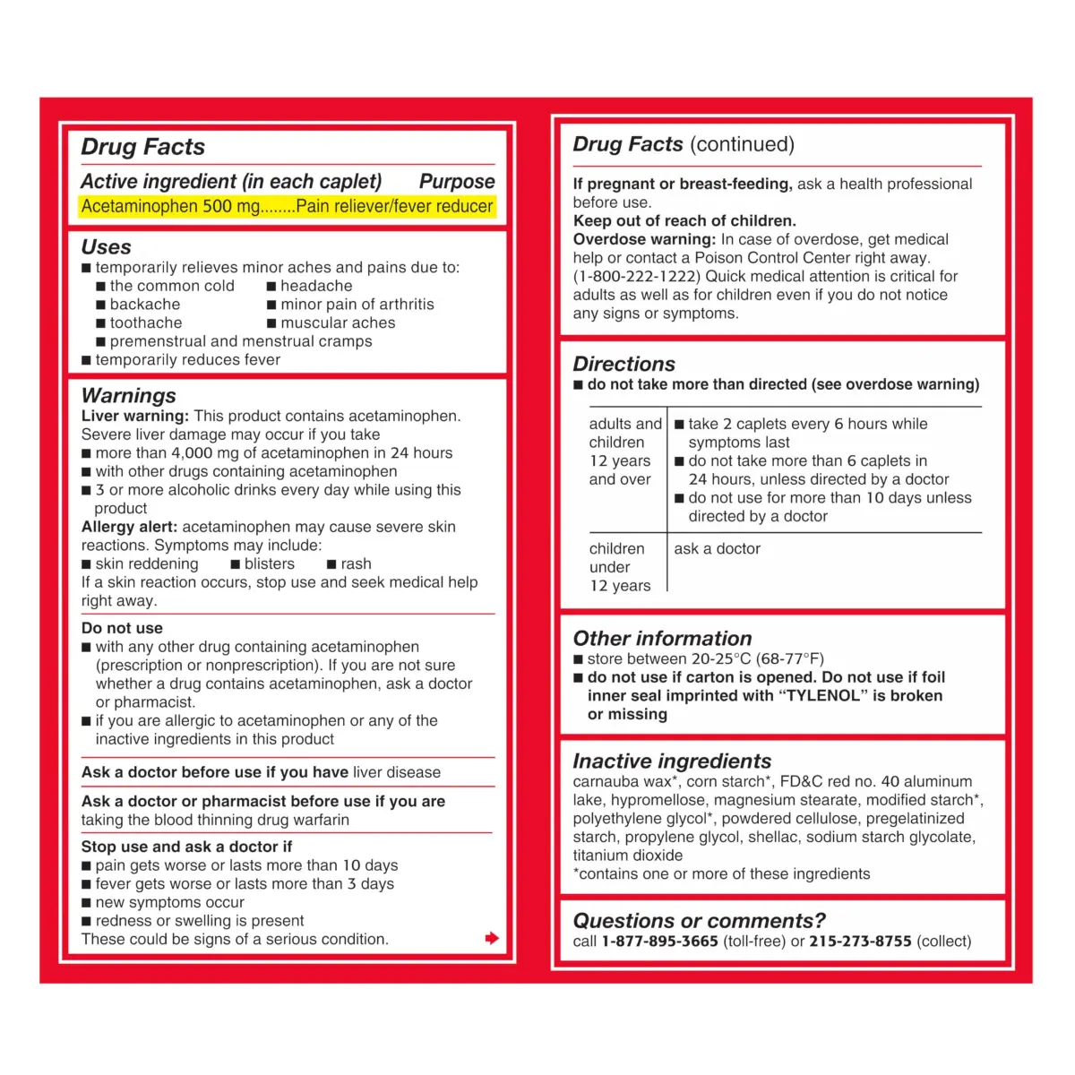 Tylenol Extra Strength Caplets 500 mg Acetaminophen 100 Count (50 x 2 ct Pouches) | Pain Relief & Fever Reduction - view 9