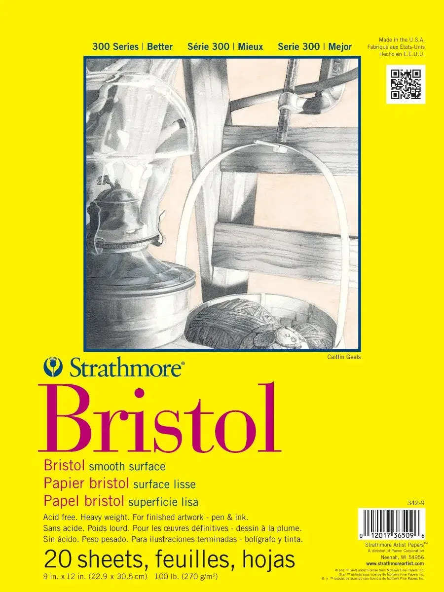 Strathmore 300 Series Bristol Paper Pad, Smooth, Tape Bound, 27.94 cm x 35.56 cm (11 x 14 inches), White, 20 Sheets (100lb/270gsm) | Ideal for Pen, Ink & Markers - main product image