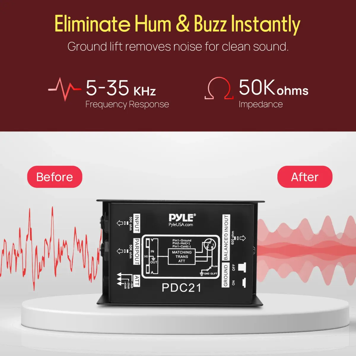 Pyle PDC21 Passive DI Box | 10.5 cm x 7.6 cm x 4.5 cm (4.1" x 3.0" x 1.8") Hum Eliminator - view 5