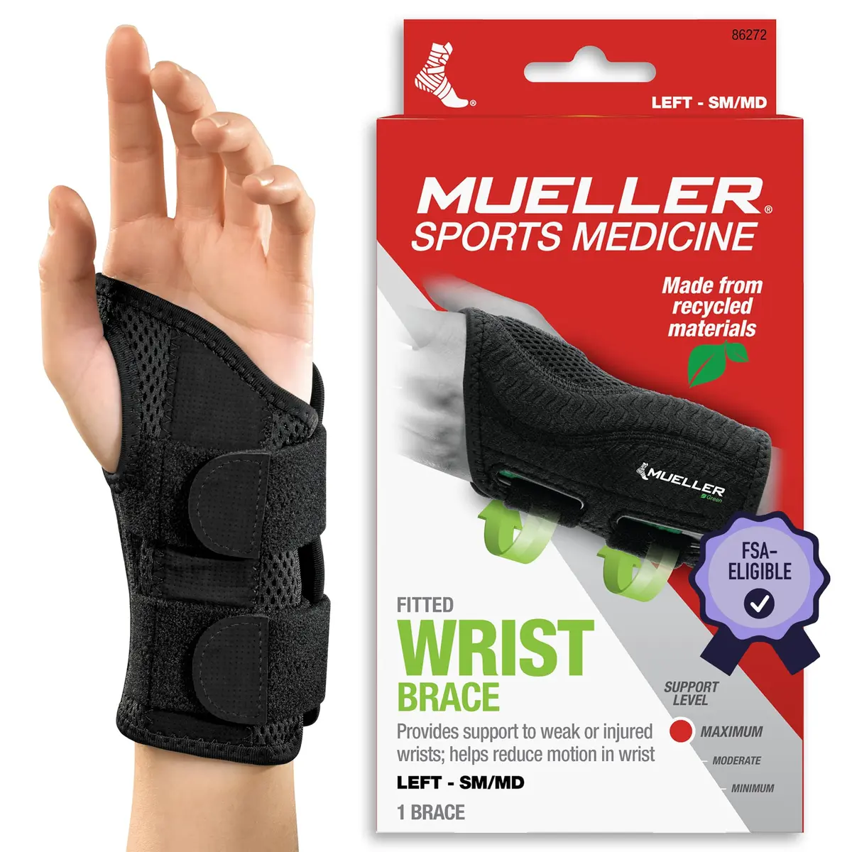 MUELLER Sports Medicine Green Fitted Wrist Brace for Men and Women | Wrist Pain Support, Carpal Tunnel Relief, Arthritis, Tendonitis, Left Hand, Small/Medium - main product image