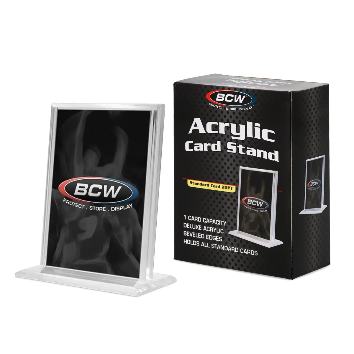 BCW Trading Card Display Stand - 1 ct | Acrylic Card Holder Stand for Sports Cards, Pokémon & TCG | Stable Vertical Card Stand with Beveled Edges | Clear Sports Card Display Stand - main product image