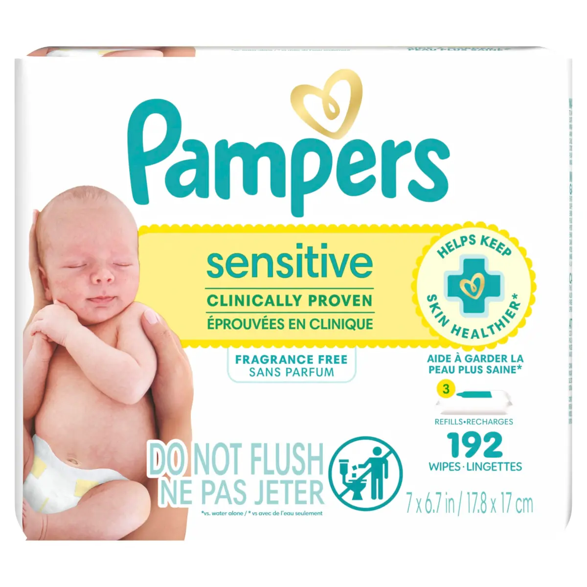 Pampers Sensitive Baby Wipes, Water Based, Fragrance-Free, Hypoallergenic, 192 Count (3 Refill Packs) | Skin Health Alliance Dermatologist Approved - main product image