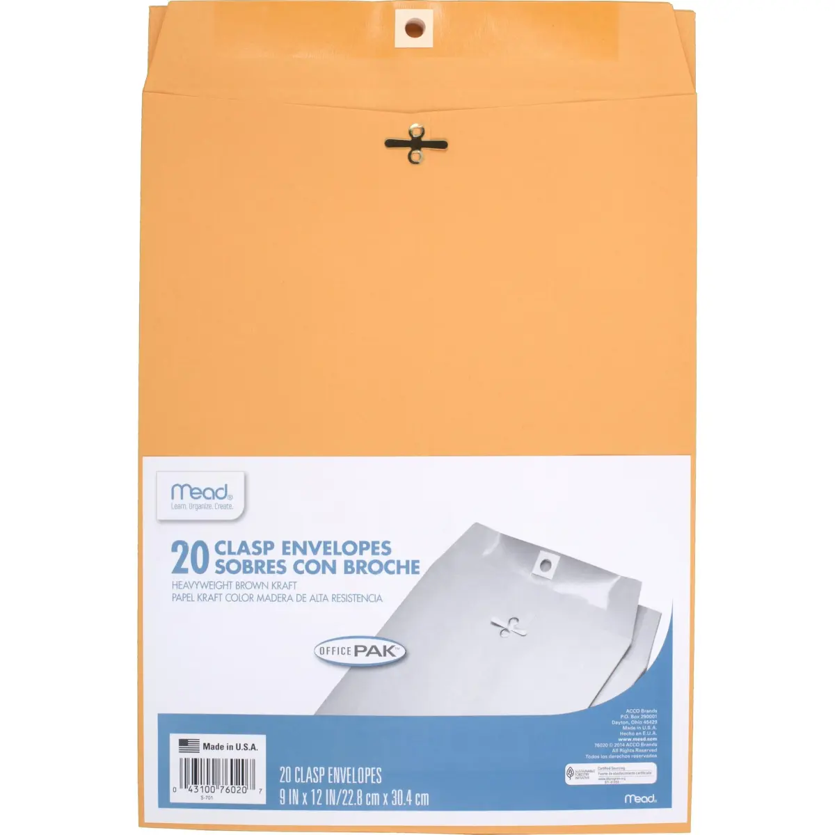 Mead Clasp Envelopes 9" x 12" (22.9cm x 30.5cm) | Heavyweight Brown Kraft Paper Mailing Envelopes, 20 Count - main product image