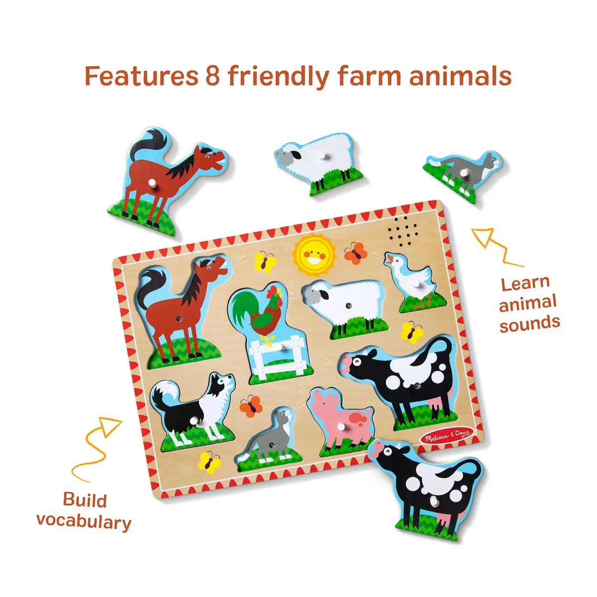 Melissa & Doug Farm Animals Sound Puzzle – 8-Piece Wooden Peg Puzzle with Light-Activated Sounds, Music Learning Toy for Toddlers and Preschoolers Ages 2+ - view 5
