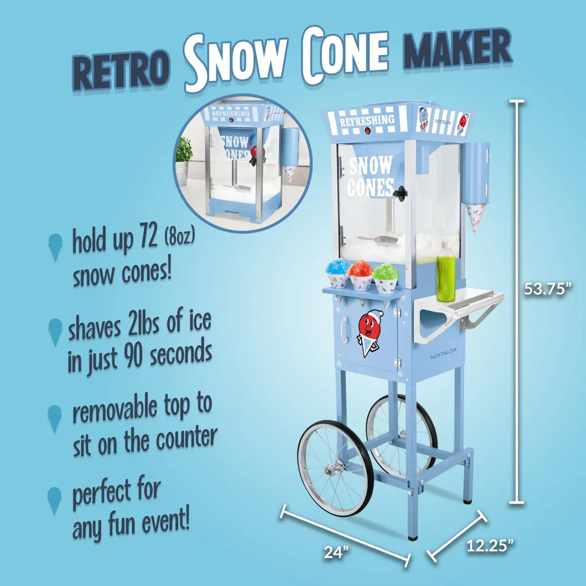 Nostalgia Snow Cone Shaved Ice Machine - 54" Tall Blue Cart, Makes 72 Icy Treats, Includes Scoop & Syrups - view 2