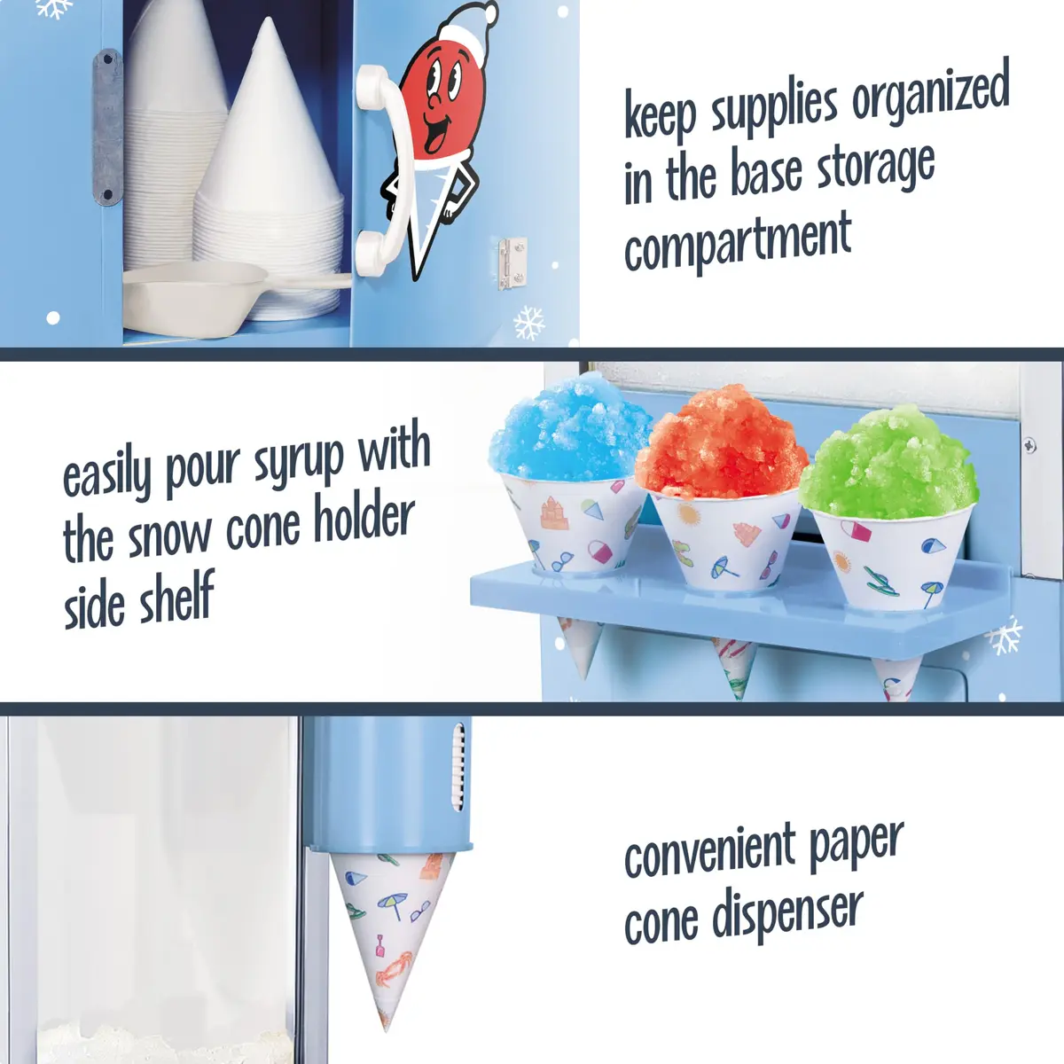 Nostalgia Snow Cone Shaved Ice Machine - 54" Tall Blue Cart, Makes 72 Icy Treats, Includes Scoop & Syrups - view 3