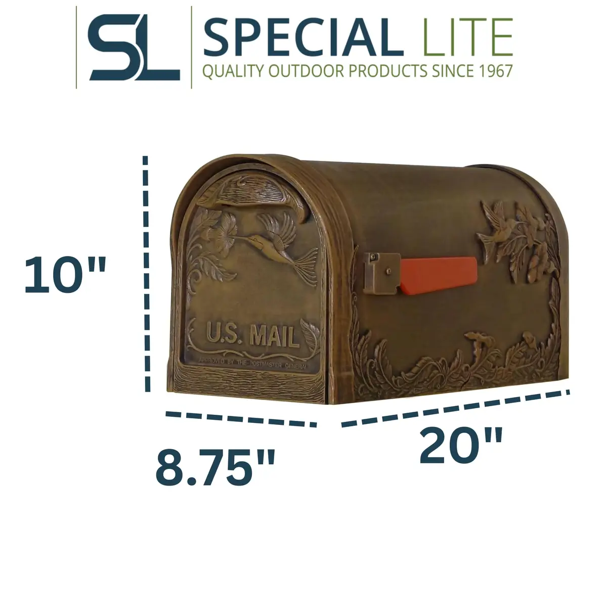 Special Lite Hummingbird Curbside Mailbox - Copper Aluminum Mailbox for Post Mount - SCB-1005-CP | Rust-Free Aluminum, USPS-Approved, 20" Long, 10" Tall - view 7