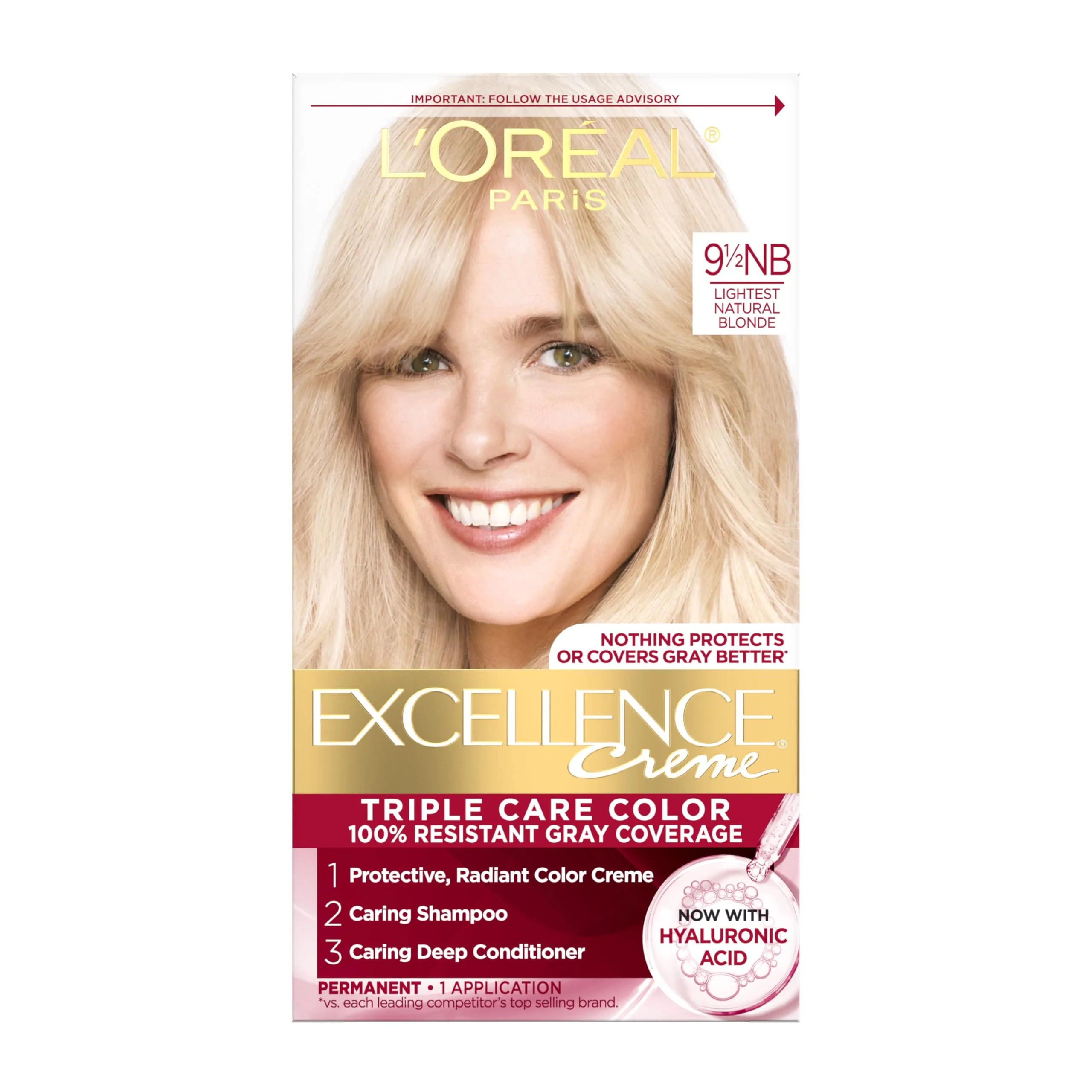 L'Oreal Paris Excellence Crème Permanent Hair Dye 9.5NB Lightest Natural Blonde | Triple Care Color for 100% Gray Coverage - main product image
