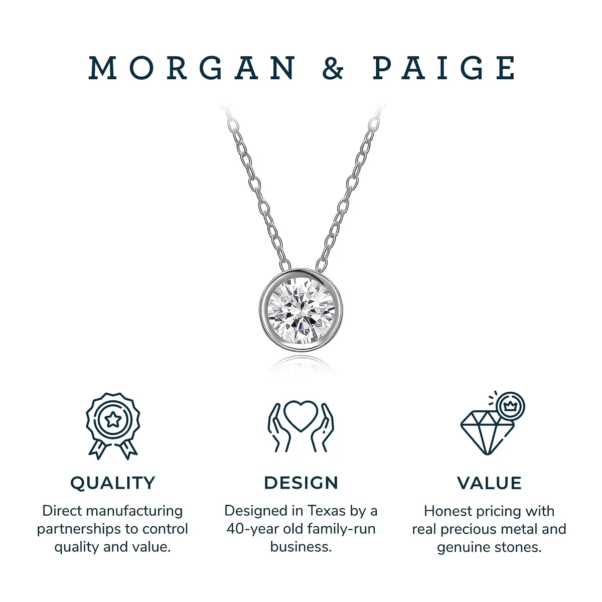 MORGAN & PAIGE Silver Round CZ Solitaire Pendant Necklace 18in | Classic Elegant Jewelry for Women - view 6