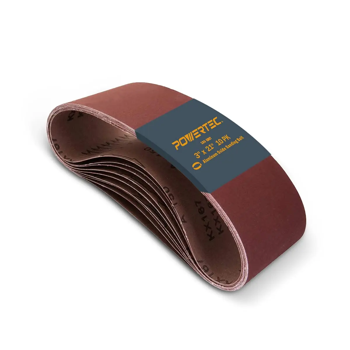 POWERTEC 3 x 21 Inch Sanding Belts, 10PK, 180 Grit Aluminum Oxide, 76 x 533 mm | Heavy Duty Woodworking & Metal Sanding - main product image