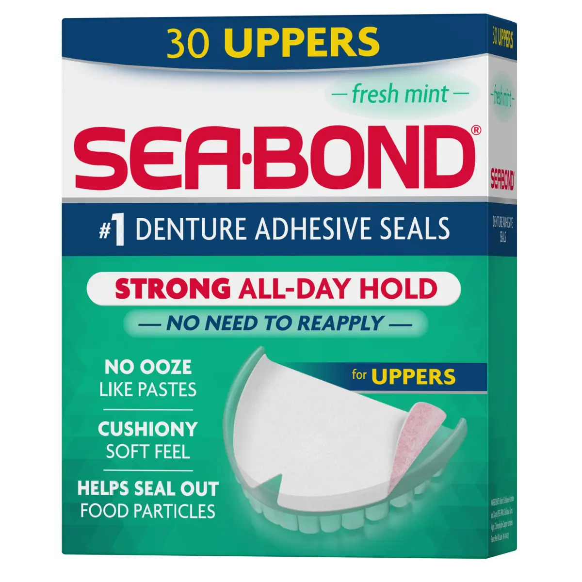 Sea-Bond Fresh Mint Denture Adhesive Seals for Uppers, 30 Count (1 Pack) | Zinc-Free All-Day Hold - main product image