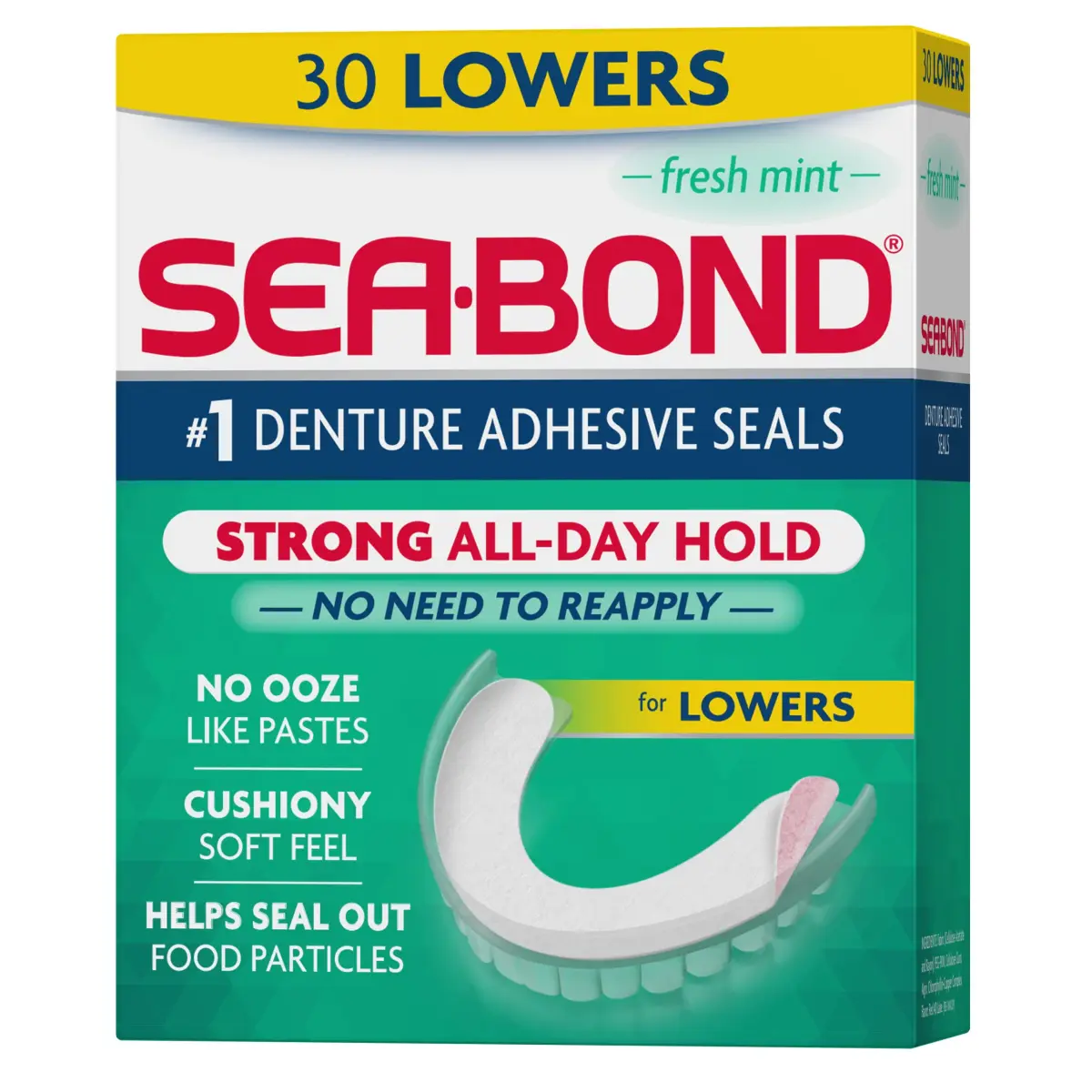 Sea-Bond Secure Denture Adhesive Seals Fresh Mint Lowers 30 Count (85g/3oz) | Zinc-Free All-Day Hold - main product image