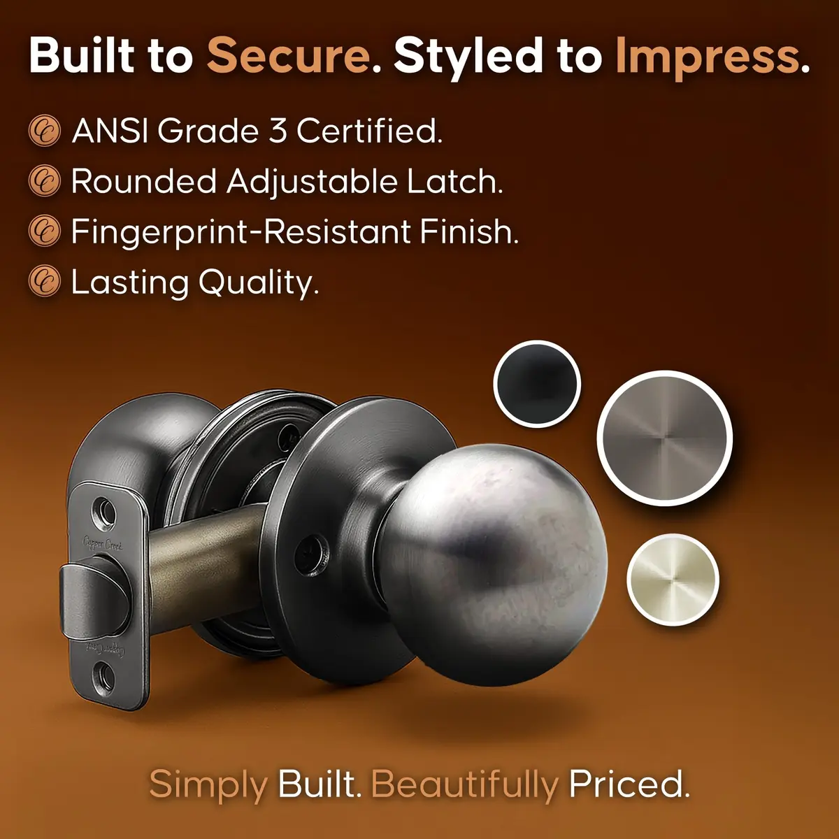 Copper Creek Passage Interior Door Knob – ANSI Grade-3 Certified, Heavy Duty, Reversible, Antique Nickel (1 Pack) | Modern Durable Handle - view 5