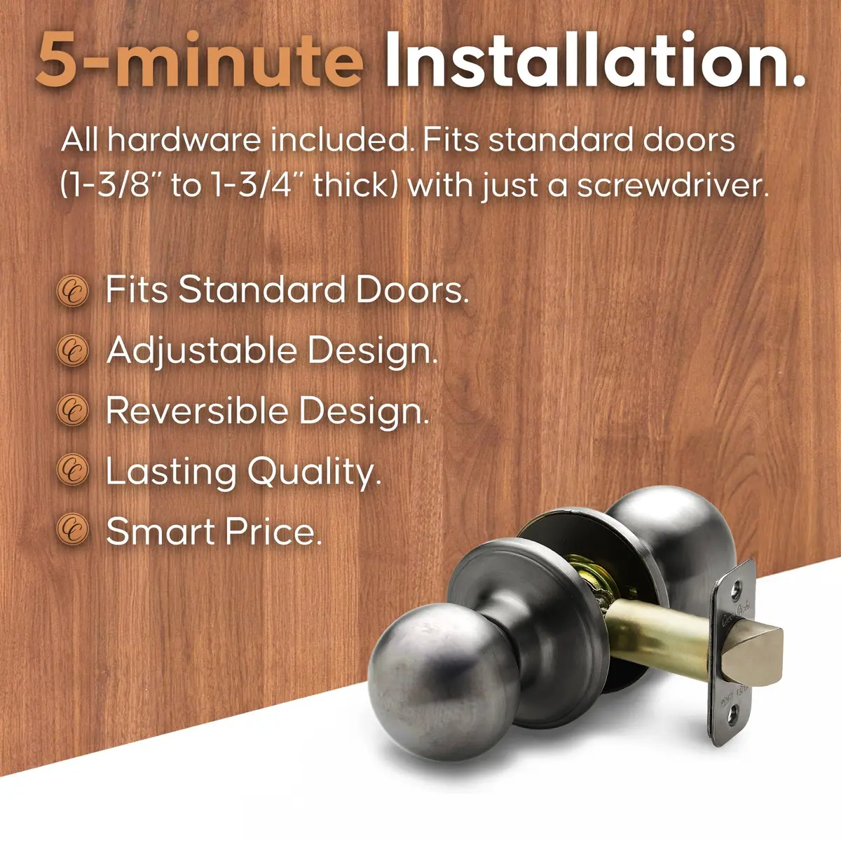 Copper Creek Passage Interior Door Knob – ANSI Grade-3 Certified, Heavy Duty, Reversible, Antique Nickel (1 Pack) | Modern Durable Handle - view 3