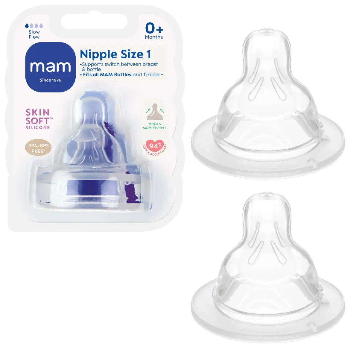 MAM Baby Bottle Anti-Colic Slow Flow Nipples, Fits All MAM Bottles, 2 Pack - main product image