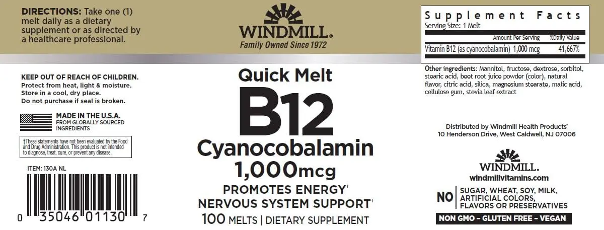 Windmill B-12 1000 Mcg Sublingual Vitamin B12 Tablets 100 | Supports Energy & Tissue Growth - view 2