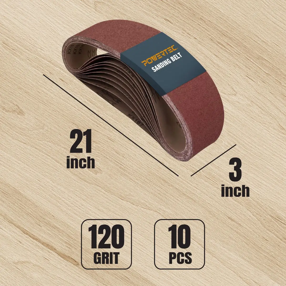 POWERTEC 3 x 21 Inch Sanding Belts, 10 Pack, 120 Grit Aluminum Oxide | 7.6 cm x 53.3 cm (3 x 21 Inch) - view 2
