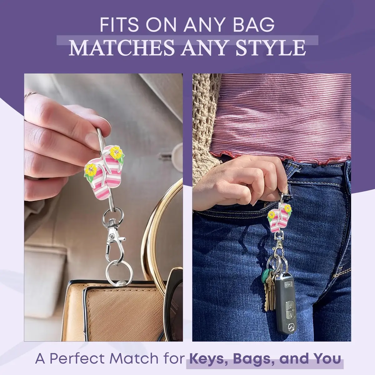 Finders Key Purse Women’s Bag Charm Key Finder, Car Keychain Hook, Cute Purse Organizer & Tote Bag Accessories, Gifts for Mom - Striped Flip Flops - view 5