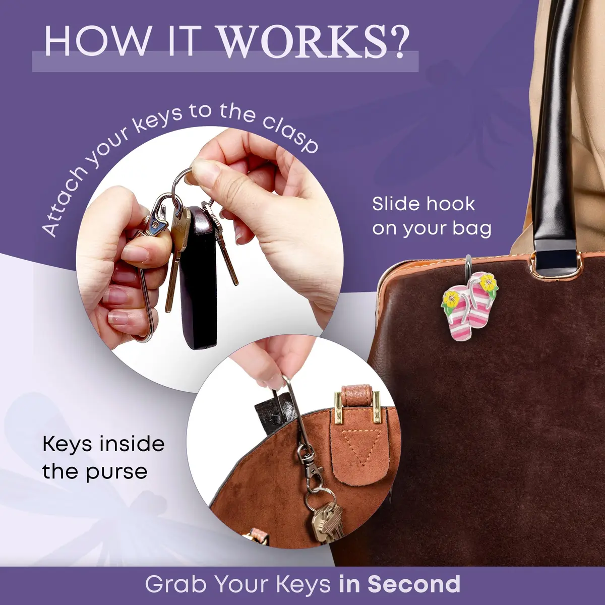 Finders Key Purse Women’s Bag Charm Key Finder, Car Keychain Hook, Cute Purse Organizer & Tote Bag Accessories, Gifts for Mom - Striped Flip Flops - view 6