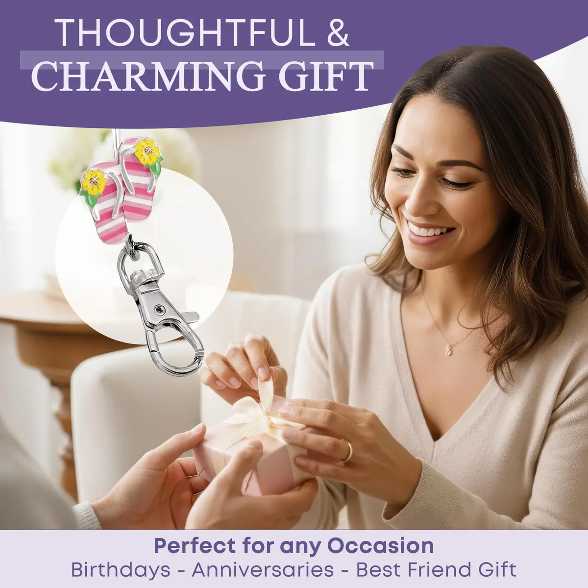 Finders Key Purse Women’s Bag Charm Key Finder, Car Keychain Hook, Cute Purse Organizer & Tote Bag Accessories, Gifts for Mom - Striped Flip Flops - view 7