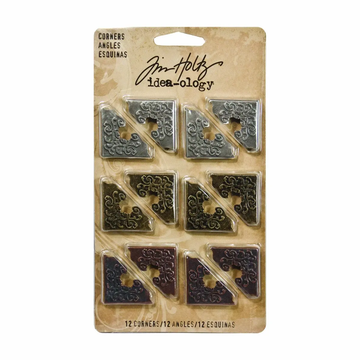 Tim Holtz Idea-ology Metal Corners 1 Inch Antique Finishes (12 Pack) | Adds Vintage Charm to Scrapbook Pages - main product image