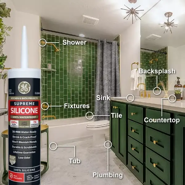 GE Supreme Silicone Caulk for Kitchen & Bath, White, 300ml (10.1 fl oz) | Waterproof & Mildew-Resistant Sealant - view 6
