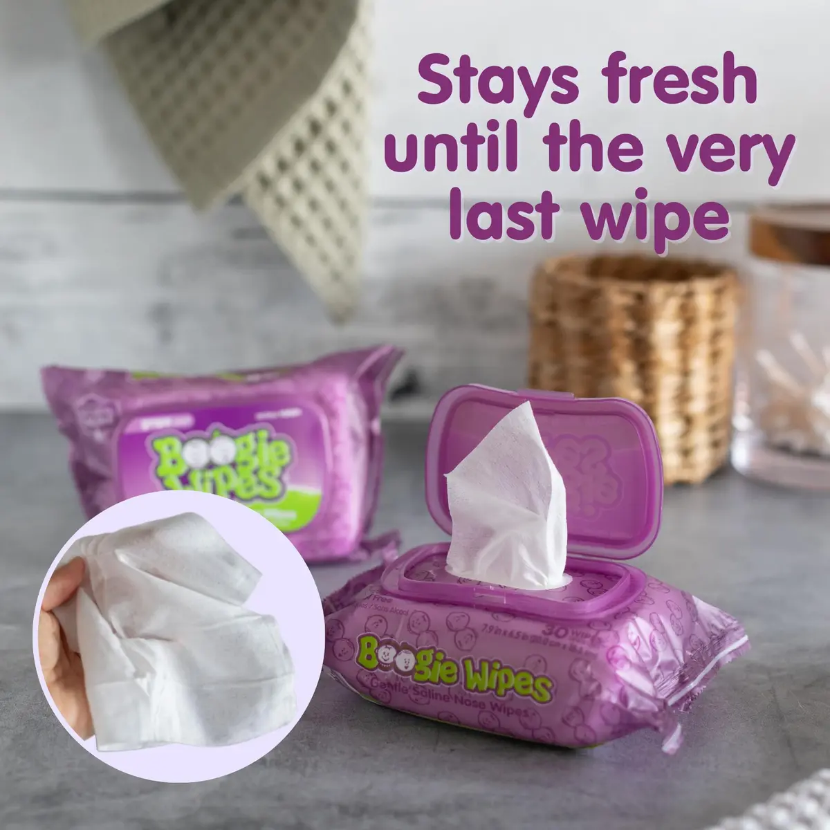 Boogie Saline Nose Wipes Grape Scent | Gentle, Natural Relief for Stuffy Noses (70-120 chars) - view 6