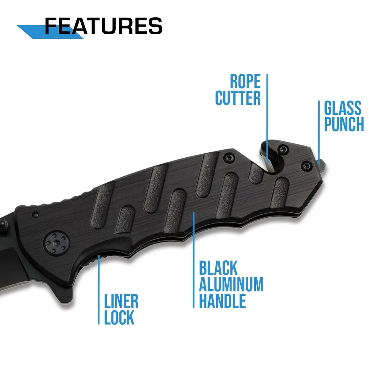 MTECH USA Black Tactical Rescue Knife with Aluminum Handle | 3.25" 440 Stainless Steel Blade - view 4