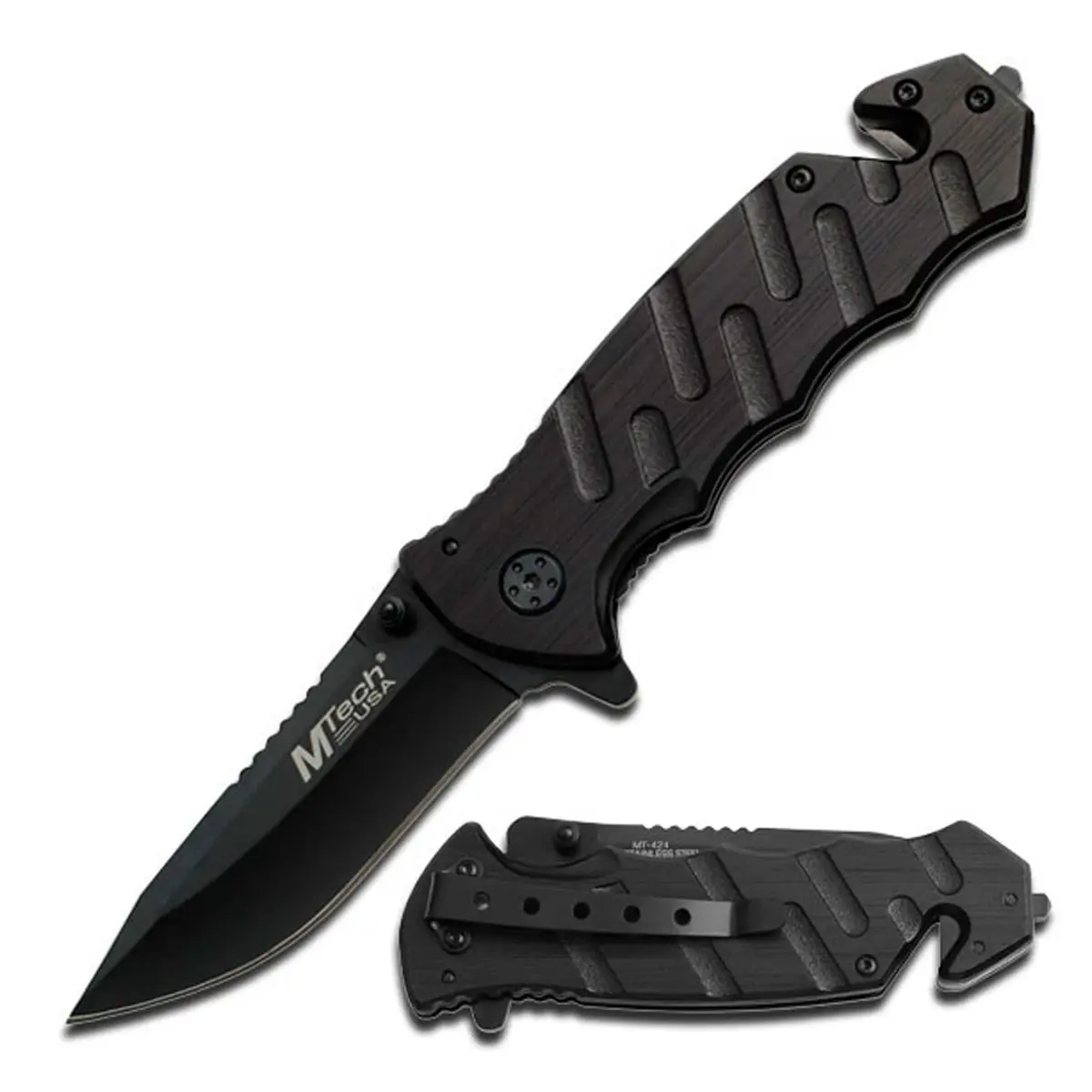 MTECH USA Black Tactical Rescue Knife with Aluminum Handle | 3.25" 440 Stainless Steel Blade - main product image