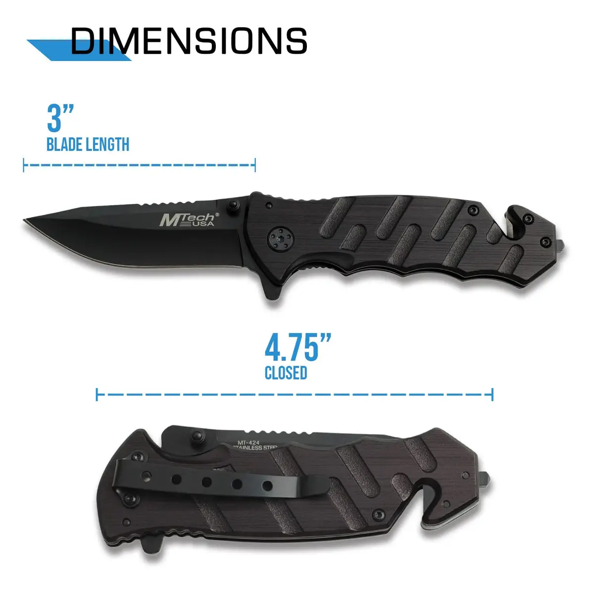 MTECH USA Black Tactical Rescue Knife with Aluminum Handle | 3.25" 440 Stainless Steel Blade - view 2