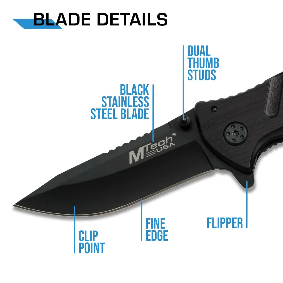 MTECH USA Black Tactical Rescue Knife with Aluminum Handle | 3.25" 440 Stainless Steel Blade - view 3