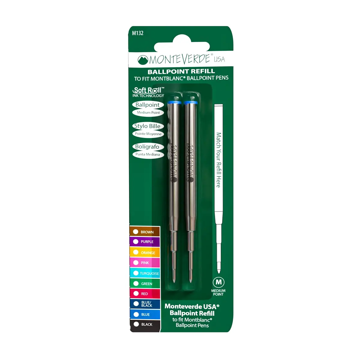 Monteverde Ballpoint Refill to Fit Montblanc, Medium, Blue, 2 Pack | Smooth, Vibrant Ink for Professional & Personal Use - main product image