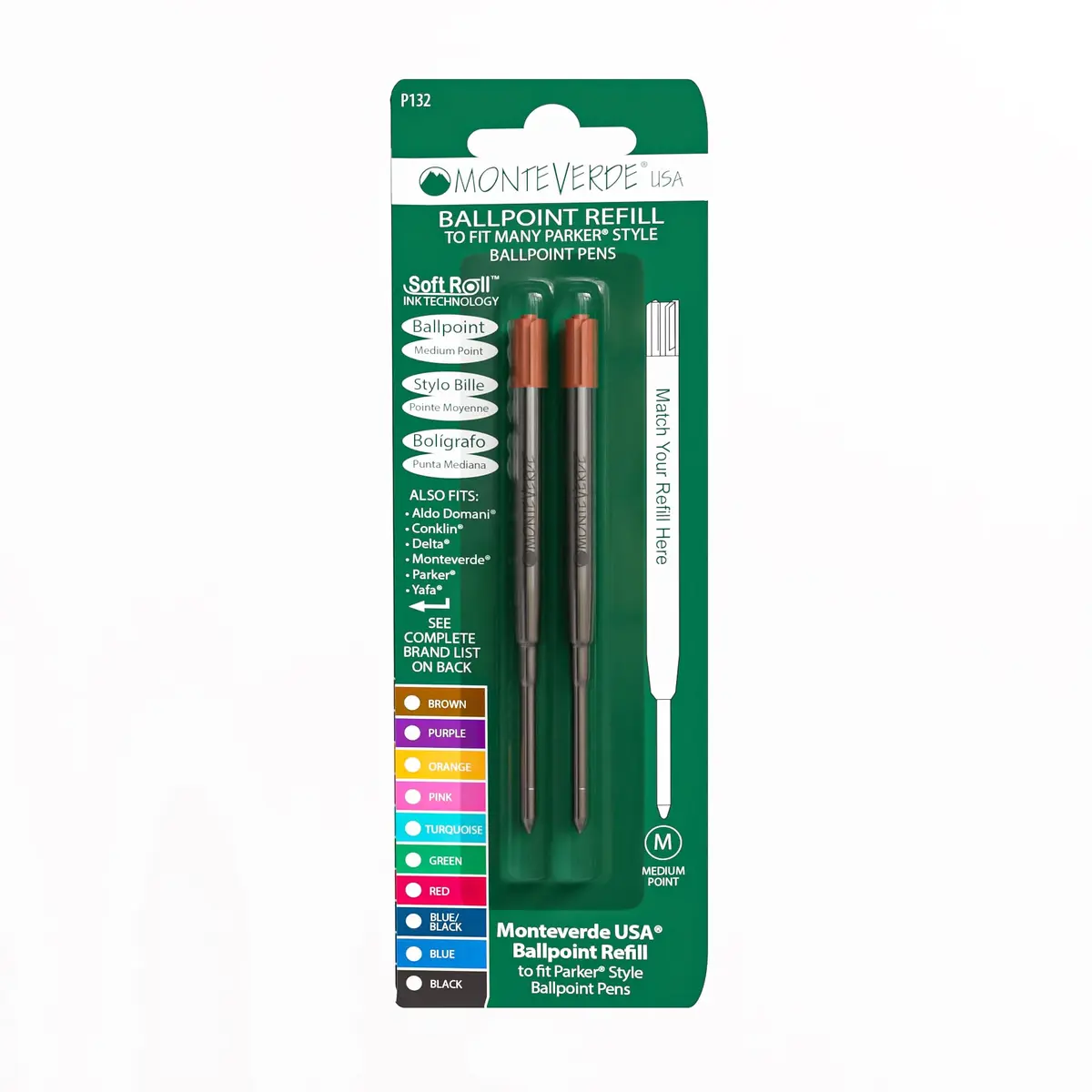 Monteverde Parker Style Ballpoint Refill Medium Brown 2 Pack | Compatible with Parker, Conklin, Schmidt, Retro51 - main product image