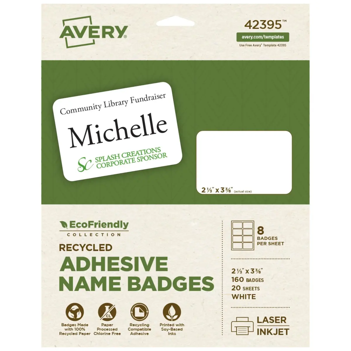Avery® EcoFriendly Recycled Name Tags, 2-1/3" x 3-3/8", White, 160 Printable Name Badges | Made with 100% Post-Consumer Recycled Paper - main product image
