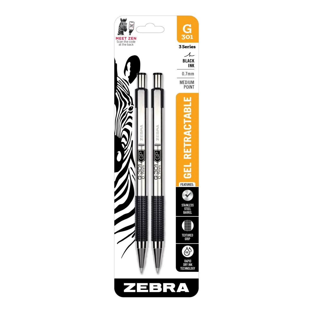 Zebra Pen STEEL G-301 Retractable Gel Pen, Black Ink, 0.7mm, 2-Pack | Smooth Ink Flow for Professionals - main product image