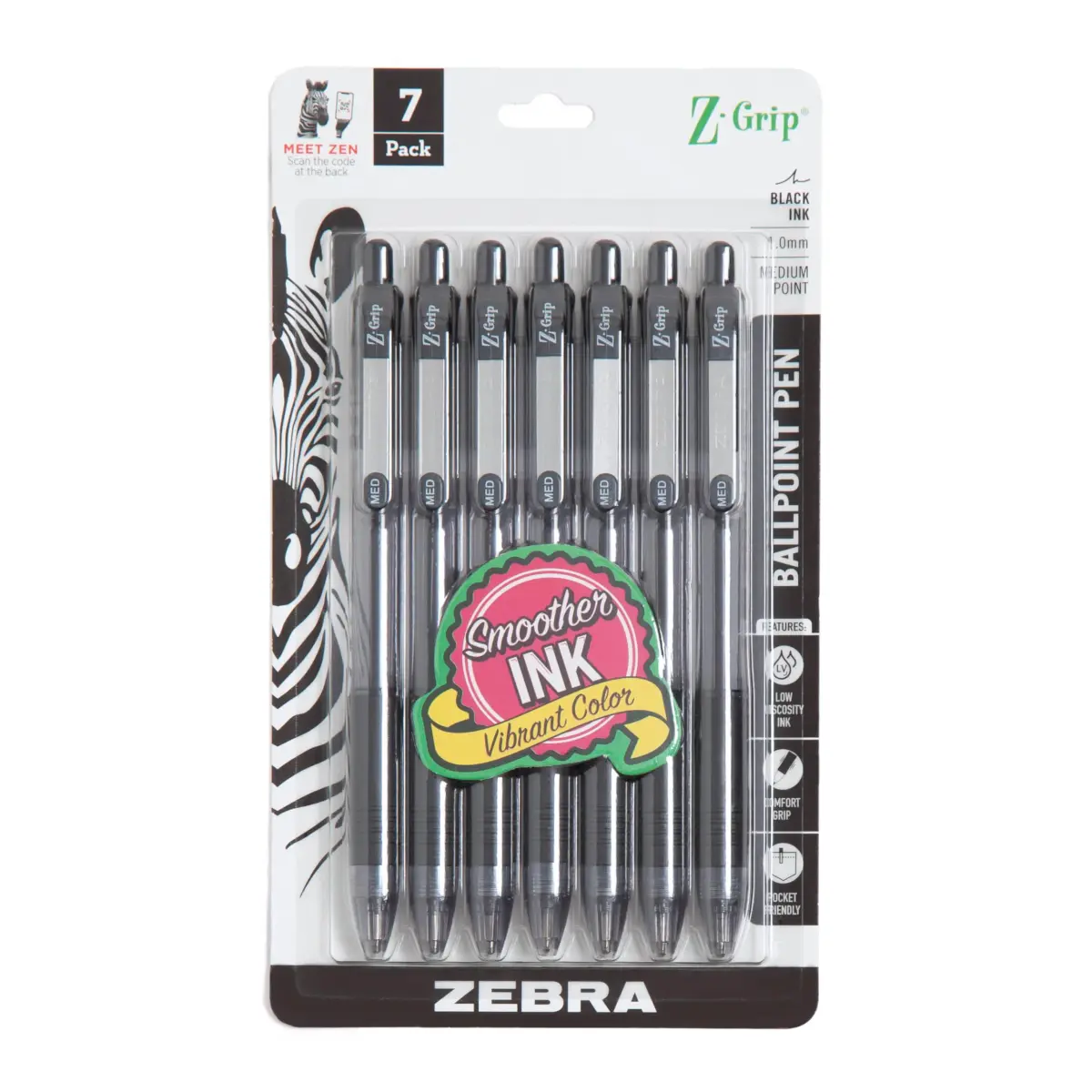 Zebra Pen Z-Grip Retractable Ballpoint Pen 1.0mm Medium Point 7-Pack | Smooth-Flowing Black Ink for Note-Taking - main product image