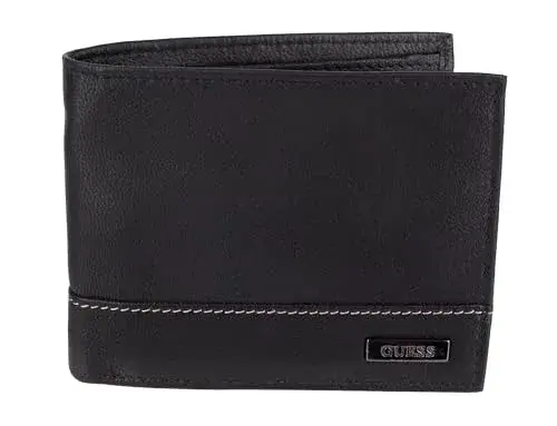 GUESS Men's Black/White Full-Grain Leather Passcase Wallet | RFID Blocking, 6 Card Slots, ID Window - main product image